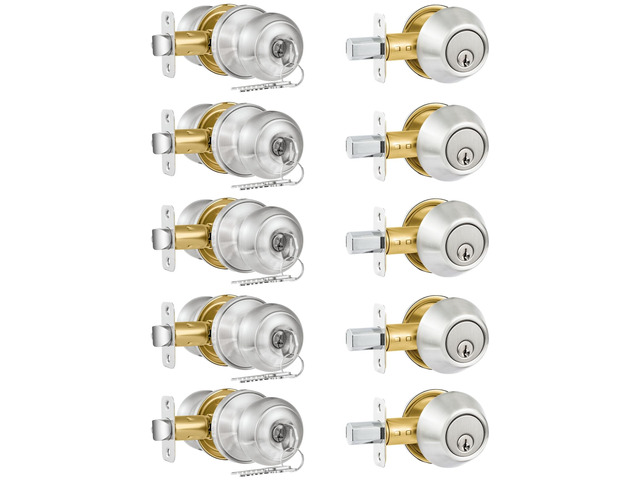 5 Pack Entry Door Lock and Single Cylinder Deadbolt Combo Set, Keyed Alike Satin Nickel Exterior Door Knobs with Lock & Keys, Round Ball Door...