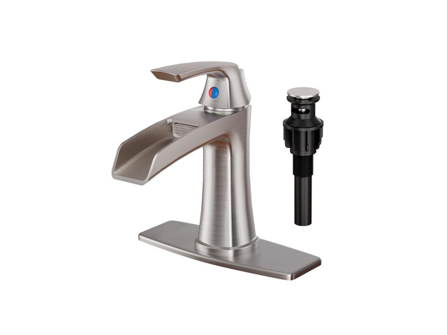 Bathroom Faucets Brushed Nickel, Waterfall Bathroom Sink Faucet Modern Single Handle for 1 or 3 Holes, Vanity Faucet with Deck Plate and Drain