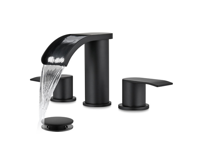 Waterfall Bathroom Faucet 3 Hole Round Body,Matte Black SUS304 8 Widespread Bathroom Sink Faucet,2.17 Wide Spout,24 cUPC Hose,Pop Up Drain,2...
