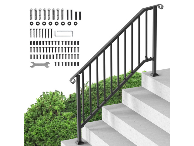 Outdoor Stair Handrails, 5-6 Step Kit, Carbon Steel, Black Retro Arch