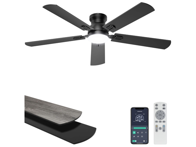52'' Low Profile Ceiling Fan with Lights, Remote/APP Control, Black Flush Mount, Dimmable 3CCT LED, Quiet Reversible DC Motor; Memory Function,...