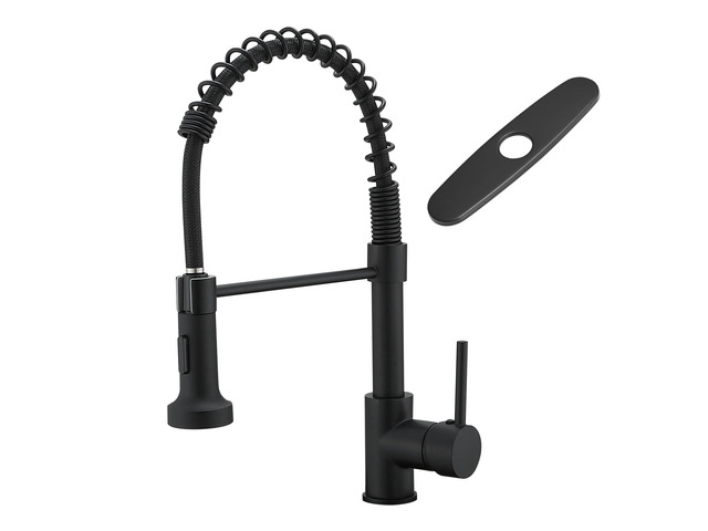 Black Kitchen Faucet with Pull Down Sprayer,Matte Black Spring Sink Faucet,Single Handle,360° Rotation,2-Mode Sprayer,for Farmhouse Laundry Bar RV
