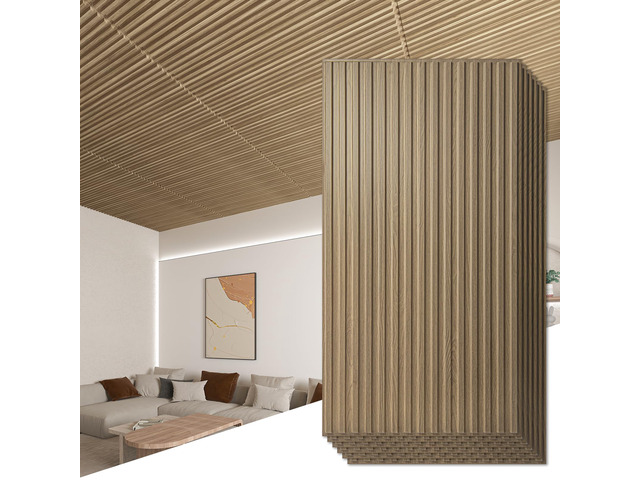 Fluted Slat 3D Wall Panels, Drop Ceiling Tiles, 6-Pack, Walnut 24' x 48', Lightweight, Break-Proof, Compatible with Grid System, Ideal for Home,...