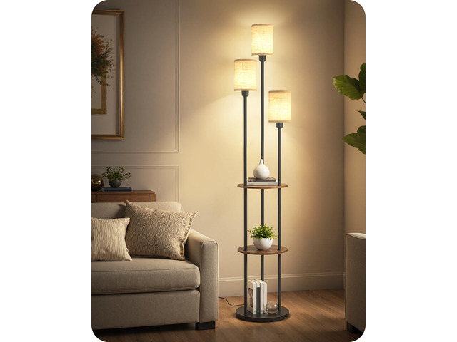 70.9' Floor Lamp with Shelves, Modern Floor Lamp with 3 Linen Shades and Foot Switch, 3-Light Standing Lamp, for Living Room, Bedroom, Study,...