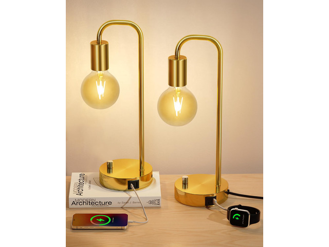 Industrial Table Lamp Set of 2 with USB A & C Charging Port, Stepless Dimmable Nightstand Bedside Lamps for Bedroom,Desk Lamps with 2700K Gold...