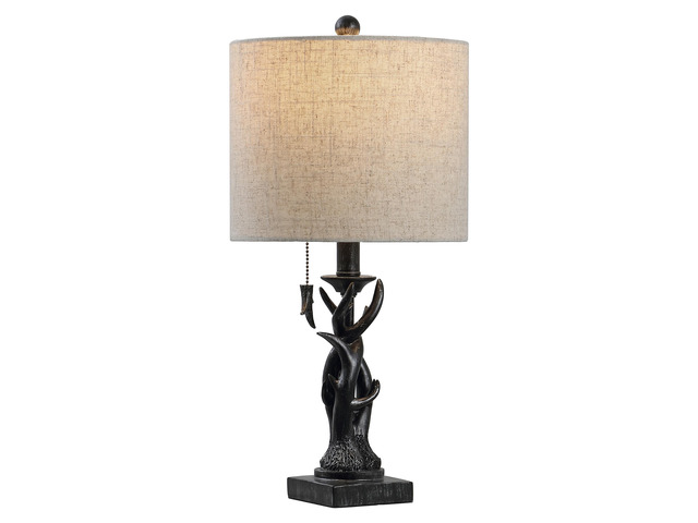 Gaston Rustic Faux Antler Resin Table Lamp 20.5', Antique Black Mini, Gray Linen Drum Shade, Farmhouse Lodge Style, Pull Chain Switch, Metal...