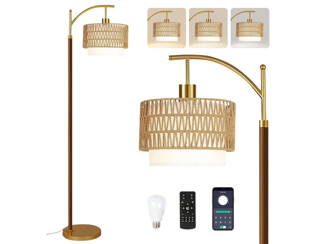 Boho Floor Lamps for Living Room Rattan Floor lamp with Remote Control & 3 Color Temperatures,Vintage Wood Mid Century Modern Standing Lamp...