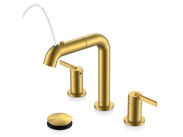 Brushed Gold Pull Down Widespread Bathroom Faucet 2 Handle 3 Hole Pull Out Bathroom Faucet with Pop Up Drain & Supply Lines, Lead-Free cUPC & NSF...