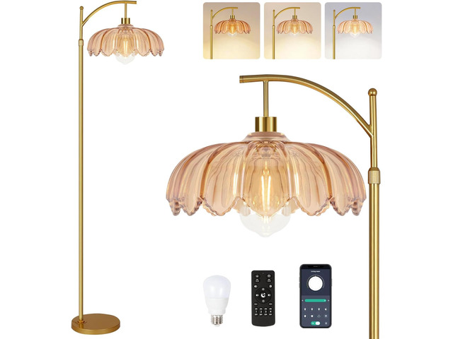 Gold Floor Lamp for Living Room,Bedroom,Mid Century Modern Standing Lamp with Remote,Dimmable Brass Tall Lamp Amber Glass Vintage Retro Arc Floor...