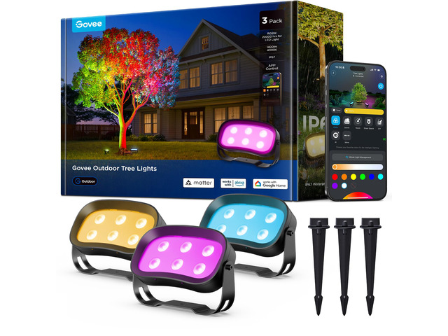 Outdoor Tree Lights 3-Pack, RGBWIC LED Landscape Lighting Outdoor Lights for Yard Garden Patio, 66 Scene Modes for Holiday Party and Event, App...