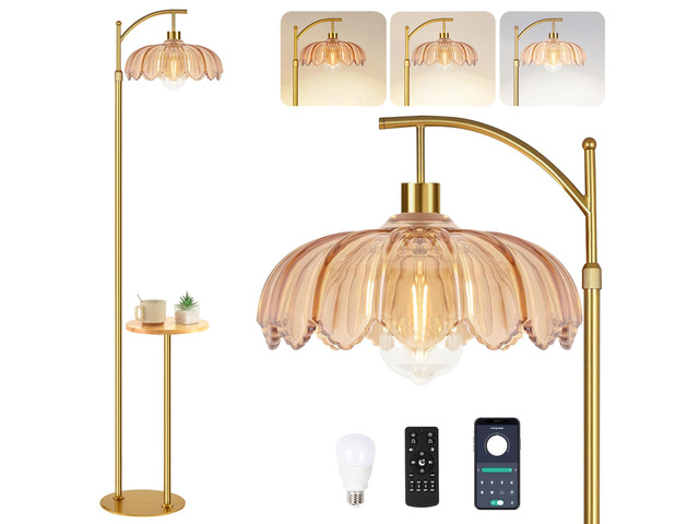 Gold Floor Lamp with Table and Shelves for Living Room Bedroom,Glass Standing Lamp with Remote Dimmable,Boho Brass Tall Lamp Vintage Farmhouse Arc...