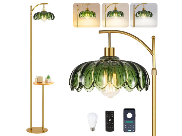 Glass Floor Lamp with Table and Shelves for Living Room Bedroom,Gold Standing Lamp with Remote Dimmable,Boho Brass Tall Lamp Vintage Farmhouse Arc...