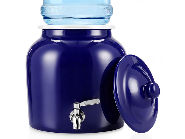 Ceramic Crock Water Dispenser, Regular Style, Dark Blue, 1 Set Fits 3 to 5 Gallon Jug, Metal Spigot Tap, Decorative Design, Ideal for Home Kitchen...
