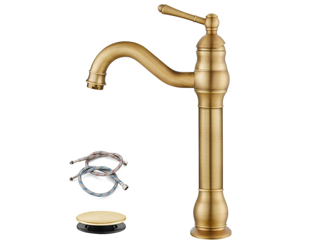 Vintage Bathroom Vessel Sink Faucet, Antique Brass, with Drain Tall Bathroom Faucet 1 Hole Single Handle, 360Â° Swivel Spout, cUPC Water Lines,...