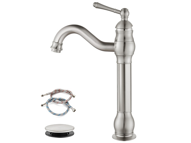 Vintage Bathroom Vessel Sink Faucet, Brushed Nickel, with Drain Tall Bathroom Faucet 1 Hole Single Handle, 360Â° Swivel Spout, cUPC Water Lines,...