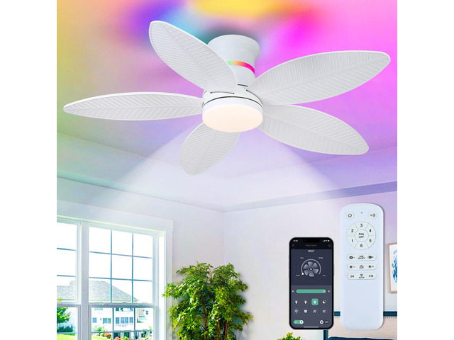 46' White Ceiling Fans with RGB Lights - Flush Mount Ceiling Fan Light with LED 3CCT Dimmable, Tropical Palm Leaf Ceiling Fans for Indoor...