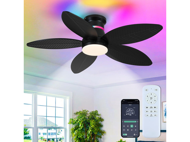 46' Black Ceiling Fans with RGB Lights - Flush Mount Ceiling Fan Light with LED 3CCT Dimmable, Tropical Palm Leaf Ceiling Fans for Indoor...