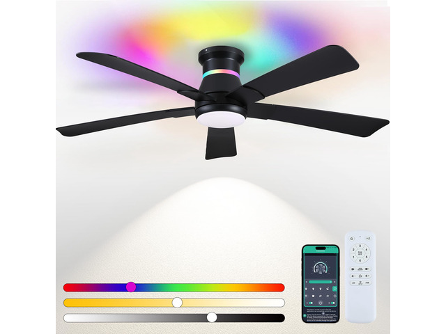 52' Black Ceiling Fans with RGB Lights - Flush Mount Ceiling Fan Light with LED 3CCT Dimmable, Modern Low Profile Ceiling Fans for Indoor...