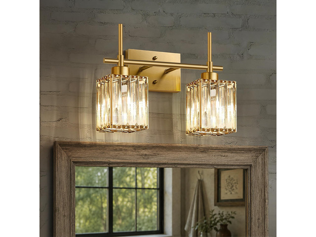 Modern Crystal Bathroom Vanity Light 2-Lights Brushed Gold Bathroom Light Fixtures Over Mirror Brushed Gold Vanity Lighting Fixtures Square Shade...