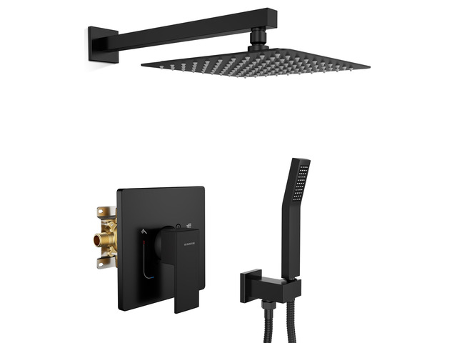 Shower System 10 Inch Rainfall Brass Valve Trim Kit Black Wall-Mounted Rainfall Shower Set with Valve, Pressure Balance for Stable Temp, 304...