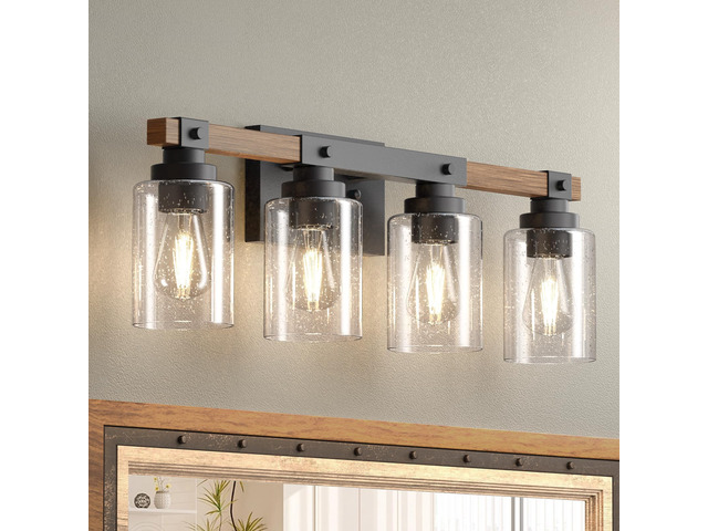 4-Light Farmhouse Bathroom Vanity Light, Seeded Glass, Black & Wood Bubble Glass Shade Wall Sconce, Over Mirror Lighting for Bathroom, Bedroom,...