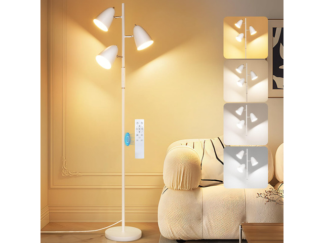 36W LED Floor Lamp for Living Room, Modern White 3-Light Tree Standing Lamp Remote and Touch Control, 3 Rotatable Lights Heads, Stepless Dimmable,...