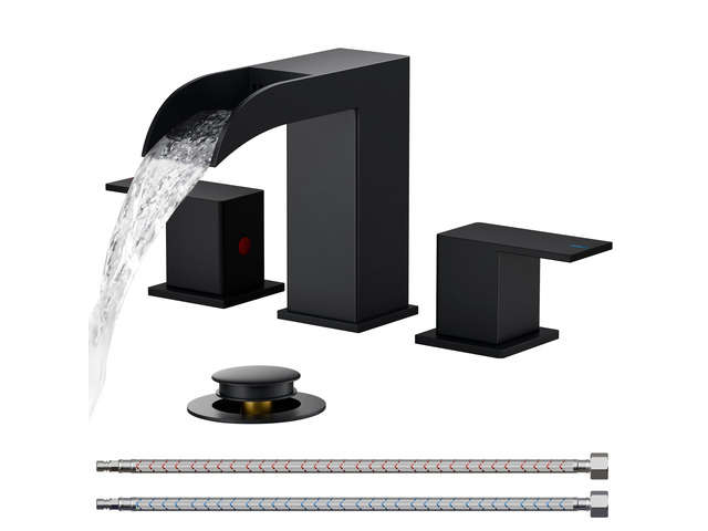 Bathroom Faucet 3 Hole 8 Inch Widespread Vanity Sink Matte Black Square Waterfall Bathroom Sink Faucet Two Handles with Pop-up Drain, Lead-Free,...