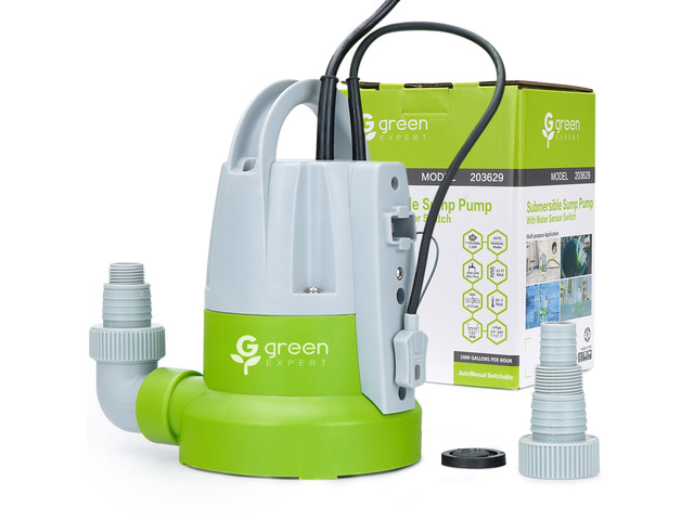 Green Expert 1/3HP Submersible Sump Pump with Water Sensor Switch, Low Water Last-Inch Drain Pump, 2000GPH Automatic/Manual Water Removal for...