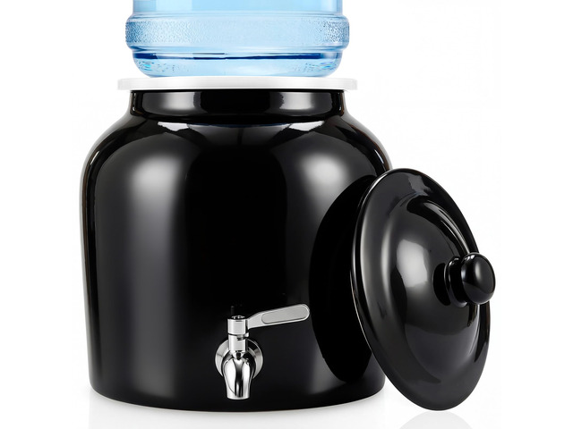 Ceramic Crock Water Dispenser, Regular Style, Black, 1 Set Fits 3 to 5 Gallon Jug, Metal Spigot Tap, Decorative Design, Ideal for Home Kitchen...