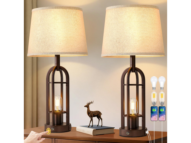 24' Table Lamps for Living Room Set of 2, Rustic Farmhouse 3-Way Dimmable Touch Industrial Bedside Lamps with USB A+C for Bedroom Nightstand4 Bulbs...