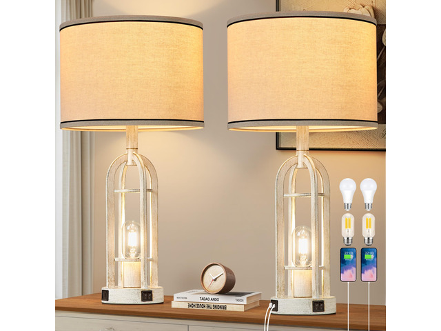 Farmhouse Table Lamps for Living Room Set of 2 - Rustic Industrial Lamps for Night Stands with Night Light & USB A+C, 24' Vintage Bedside Lamp for...