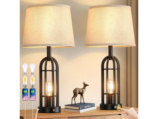 24' Table Lamps for Living Room Set of 2, Farmhouse Industrial 3-Way Dimmable Touch Bedside Lamps with USB A+C for Bedroom Nightstand4 Bulbs Included