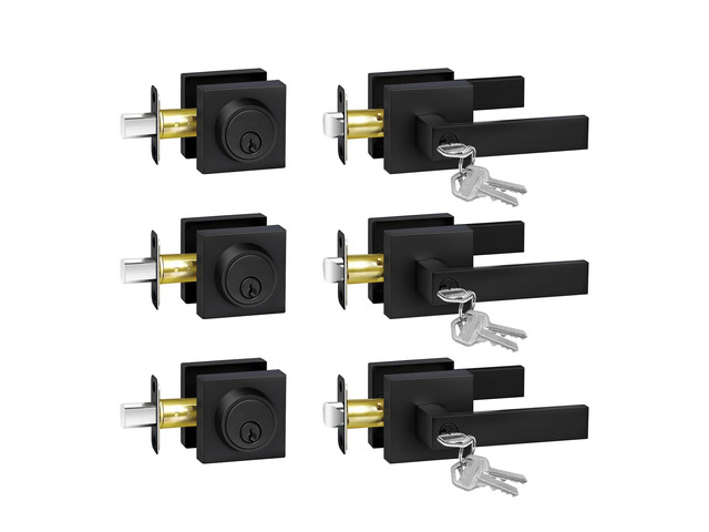 Exterior Door Lock Set with Deadbolt, Door Locks for Front Door with Single Cylinder Deadbolt Lock, Matte Black Door Handle with Lock and Key for...