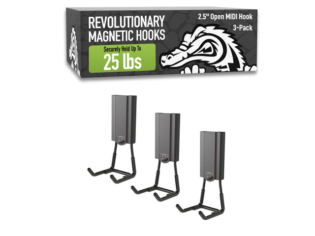 MIDI 2.5 in Open Hooks, 25 lb Magnetic Hooks 3 Pack Patented Easy-Release, Non-Slip Grip. Works on toolboxes, garage, steel cabinets, workbenches,...