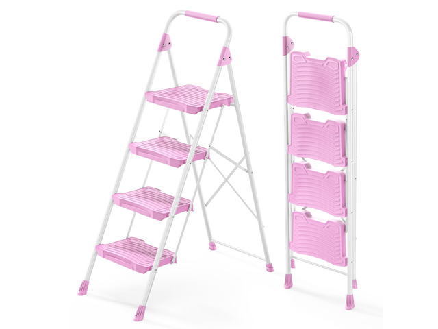 4 Step Ladder, 900lbs Sturdy Step Stool with Handrail, Anti-Slip Wide Pedals, Foldable Stepladder for Home, Garage, Garden, Household, Pink, Pass...