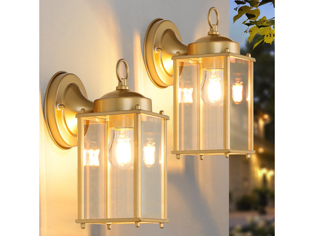 Large Outdoor Wall Lantern, Exterior Waterproof Wall Sconce Light Fixtures, Gold Front Door Lighting with Clear Beveled Glass, Anti-Rust E26 Socket...