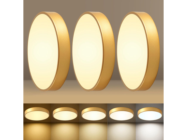 Flush Mount Ceiling Light Fixtures Gold LED 5CCT 12In 24W 3Pack 2700K-5000K Close to Ceiling Light, Round Metal Ceiling Lamp, for Bathroom Bedroom...
