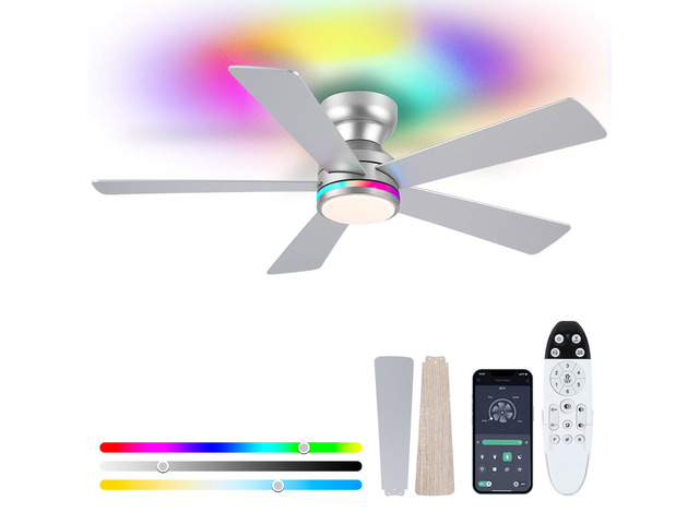 RGB Ceiling Fans with Lights, 46' Flush Mount Ceiling Fan with Remote APP, RGB+3CCT Dimmable Led Light, Reversible 6 Wind Speeds & 2H Timer, Low...
