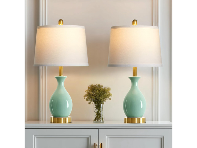 24 Sage Green Ceramic Table Lamps Set of 2, Modern Classic Bedside Lamps for Bedroom Nightstand, Small Table Lamp for Living Room Side Table (2 LED...