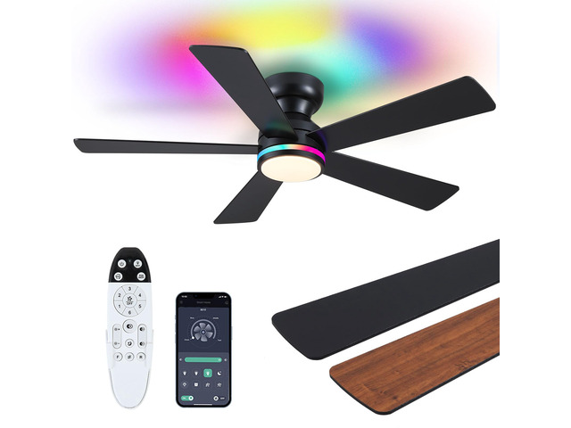 Brown RGB Ceiling Fans with Lights - 46' Flush Mount Ceiling Fan with Remote APP, RGB+3CCT Dimmable Led Light, Reversible 6 Wind Speeds & 2H Timer,...