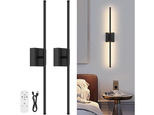 Battery Operated Wall Sconce Set of Two with Remote Control, 3000K-6000K Dimmable Black Wall Lights, Timable LED Wireless Wall Sconces, 350° Ratate...