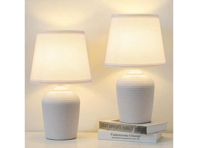 16 Table Lamps Set of 2 for Bedroom, Bedside Nightstand Lamp White Cute & Unique, Fabric Shade, Perfect for Desk Living Room Side Table Reading...
