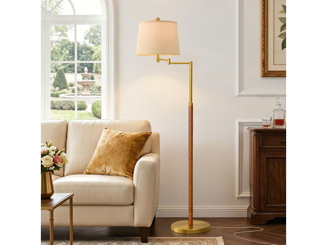 Real Wood Floor Lamps for Living Room Bedroom, 61' Floor Lamp with 350° Adjustable Swing Arm Vintage Lamps for Living Room