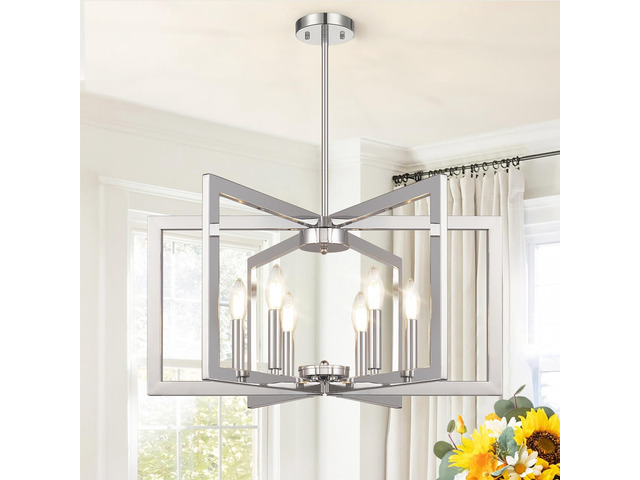 25'-61' Height Adjustable Modern Chrome Chandelier for Dining Room, No Assembly Required Chrome Dining Room Light Fixture Over Table, Industrial...
