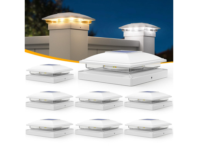 Solar Post Cap Lights - 8 Pack Outdoor Waterproof for 4x4, 5x5, 6x6 Posts, 2 Modes Warm/Cool Light, Solar Powered Fence/Deck/Patio Decor, White