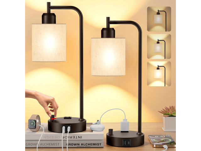 Industrial Table Lamps with Linen Shade, Set of 2 Fully Dimmable Bedside Lamps with USB A+C Ports and Outlet, Brown Nightstand Desk Lamps for...