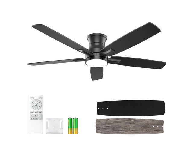 52 Inch Flush Mount Black Ceiling Fan with Light and Remote Control. Noiseless,Dimmable,3CCT,6 Speeds Reversible, Low Profile DC Ceiling Fans for...