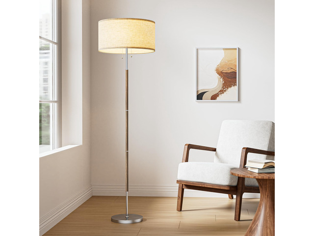 2-Light 3 Color Temperature Mid Century Floor Lamp for Living Room 61' Wood Tone & Brushed Nickel Tall Standing Lamp for Bedroom and Office with...