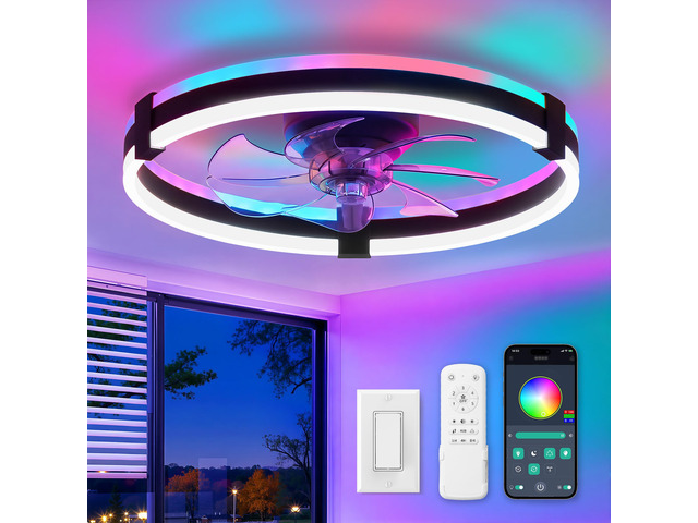 20' RGB Low Profile Ceiling Fans with Lights and Remote, Black Custom RGB+3CCT Dimmable, 6 Speeds, Remote/App Control, Reversible DC Motor, Memory,...