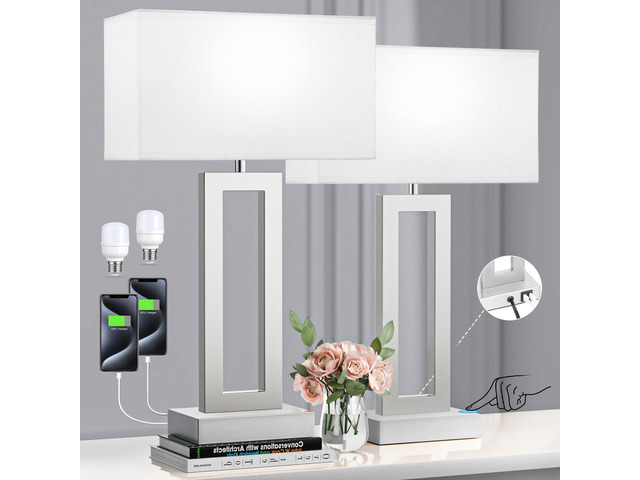 22' Tall Bedroom Lamps for Living Room - Touch Brushed Nickel Bedside Lamps with USB C+A, 3 Way Dimmable Lamp for Nightstand, Modern Night Stands...